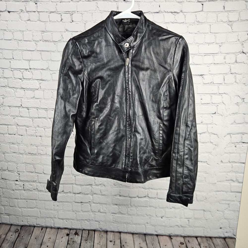 Nicole Miller New York Black Genuine Leather Cafe Racer Jacket Womens Medium